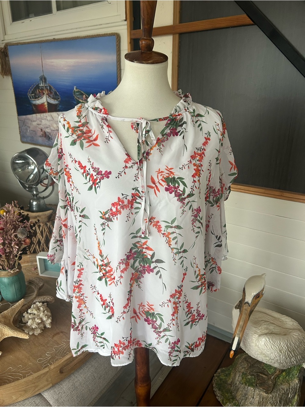 Worthington White Floral Tie-Front Blouse